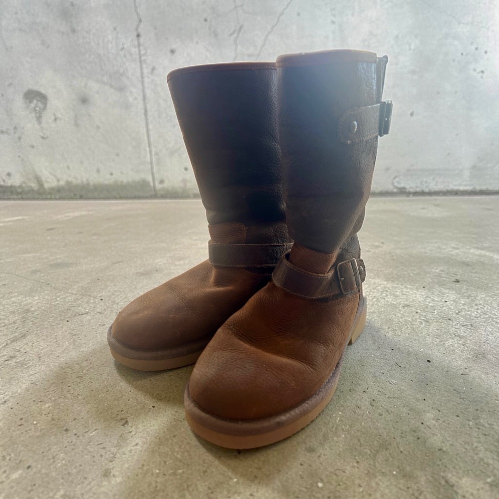 UGG Kensington Brown Leather Shearling Biker Boots 1005374 Womens 6